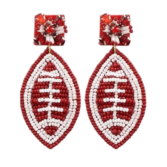 Red & White Beaded Football Earrings l Football Earrings l Game Day Earrings - Picture 1 of 1